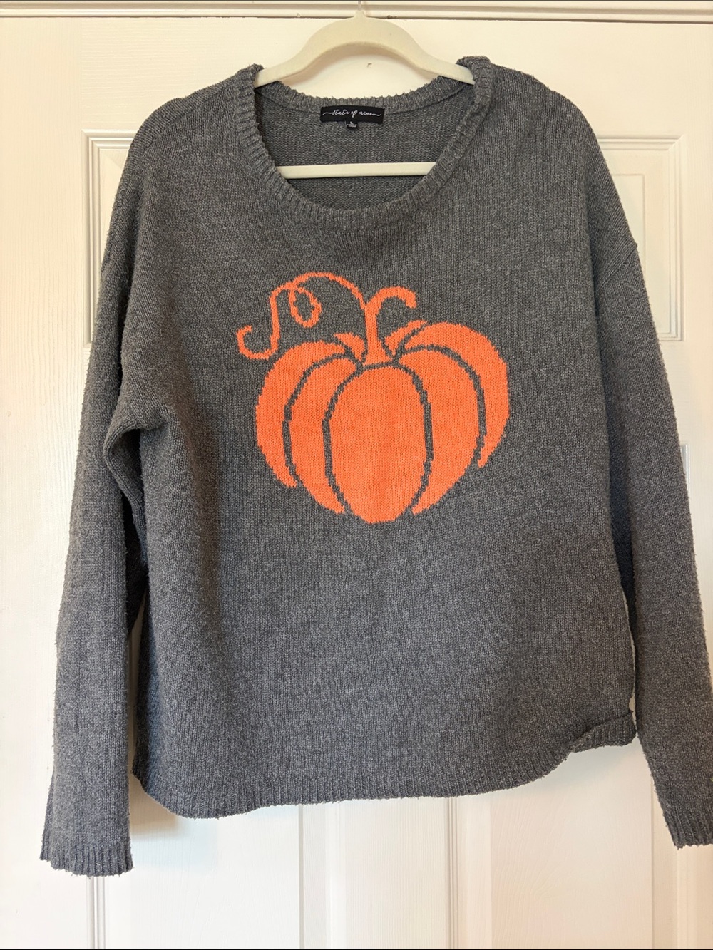 State of Mind Gray Crewneck Sweater with Orange Pumpkin